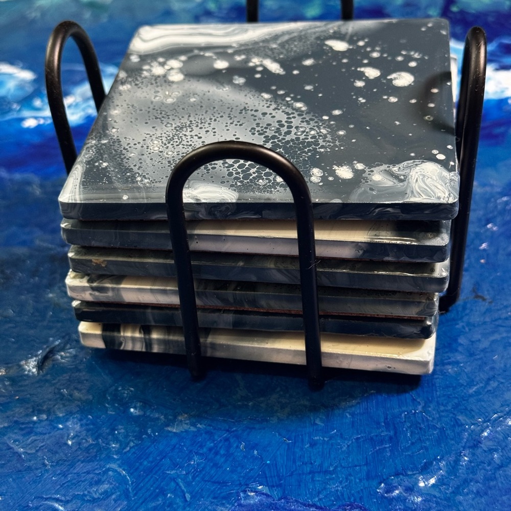 6 COASTER GREY WHITE Marble Coasters Set W/Holder EASTER GIFT